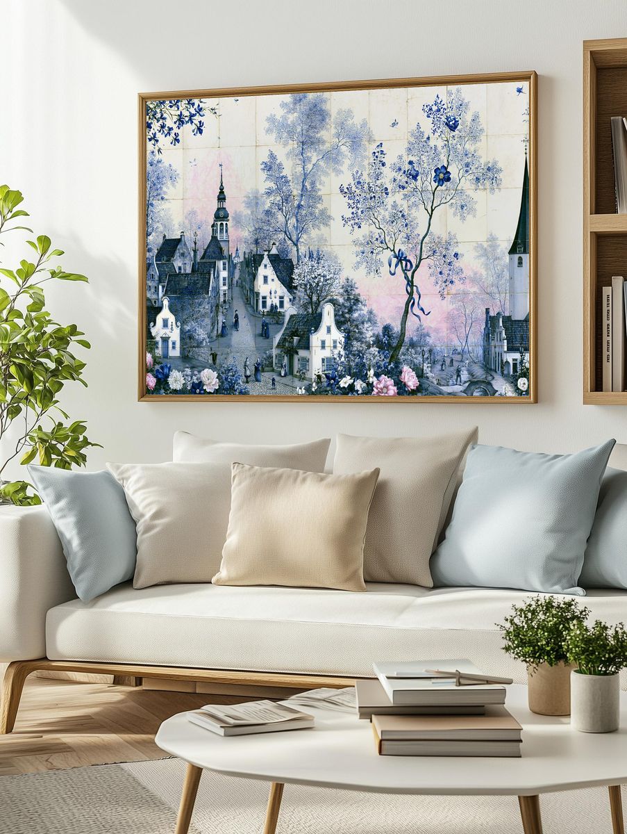 Blue Dutch Village Floral Poster. — room view 2