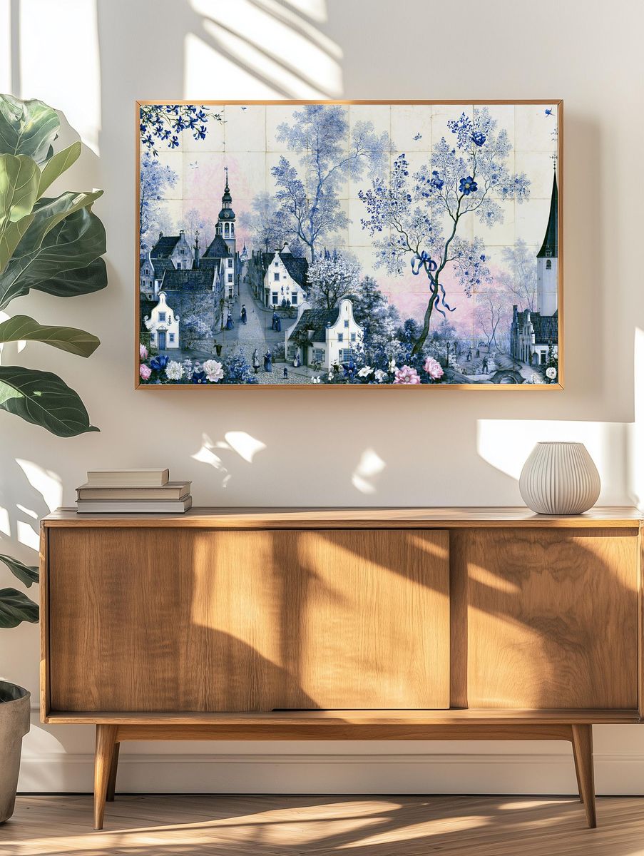 Blue Dutch Village Floral Poster. — room view 3