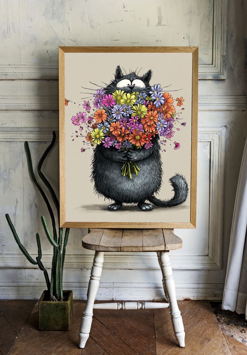 Flower Bouquet Cat Illustration Poster. — room view 1