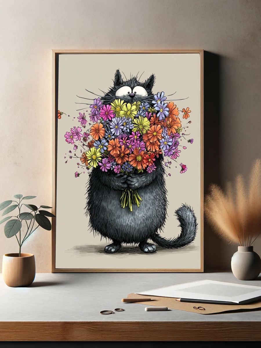 Flower Bouquet Cat Illustration Poster. — room view 2