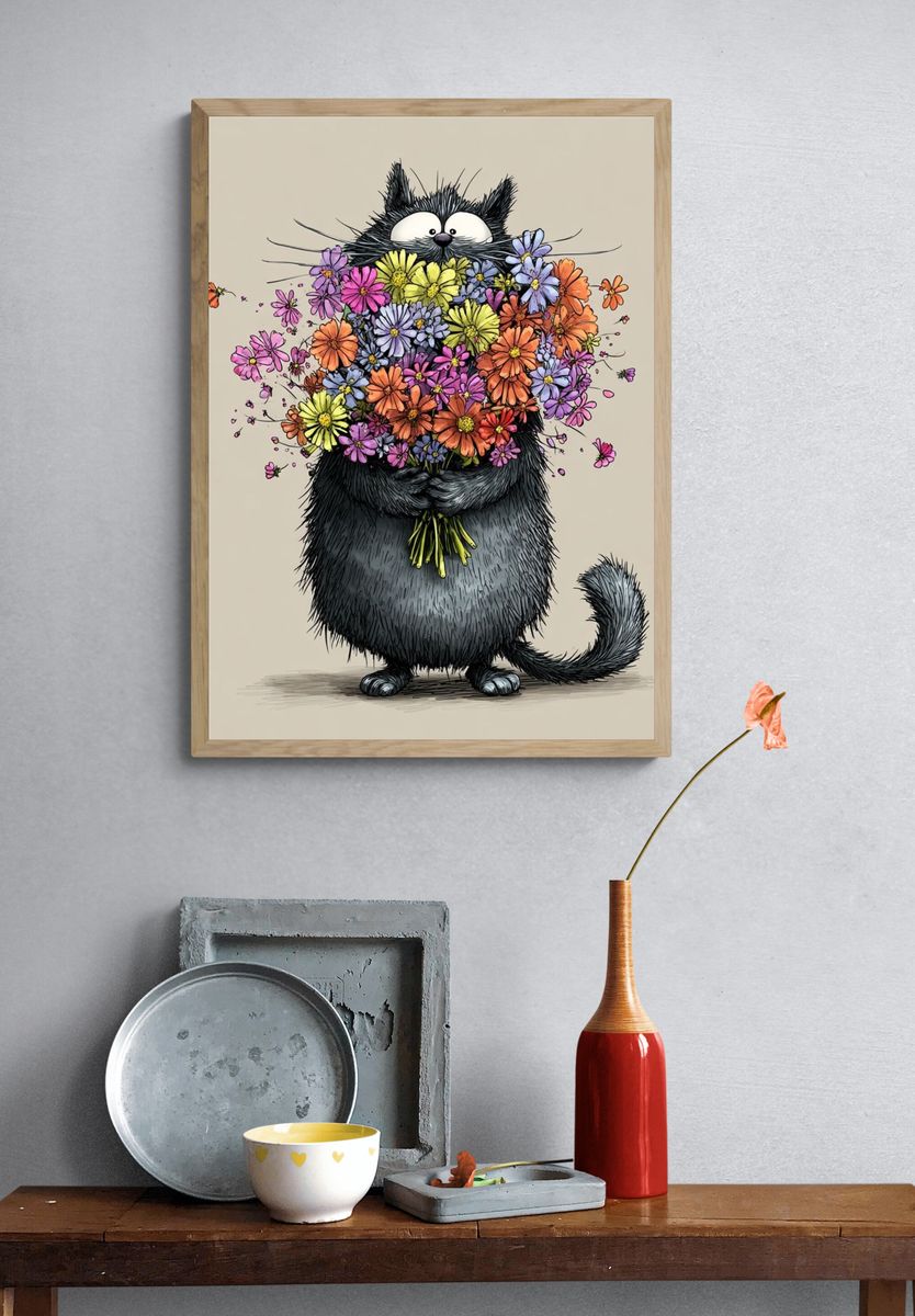 Flower Bouquet Cat Illustration Poster. — room view 3
