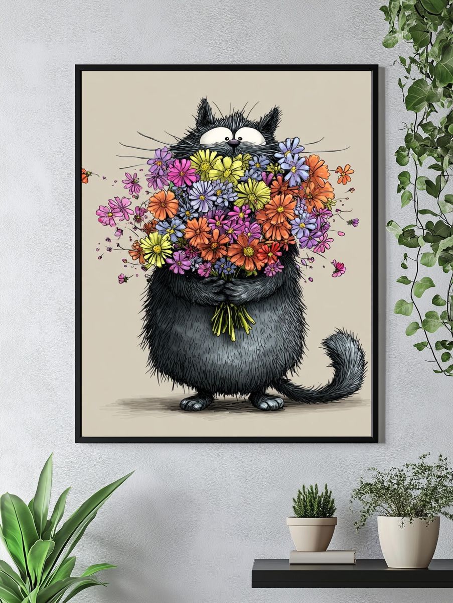 Flower Bouquet Cat Illustration Poster. — room view 4