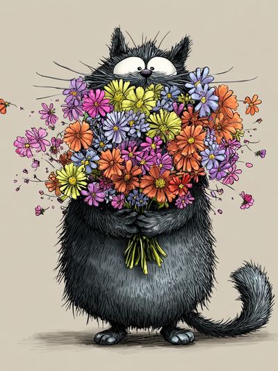 Flower Bouquet Cat Illustration Poster. poster