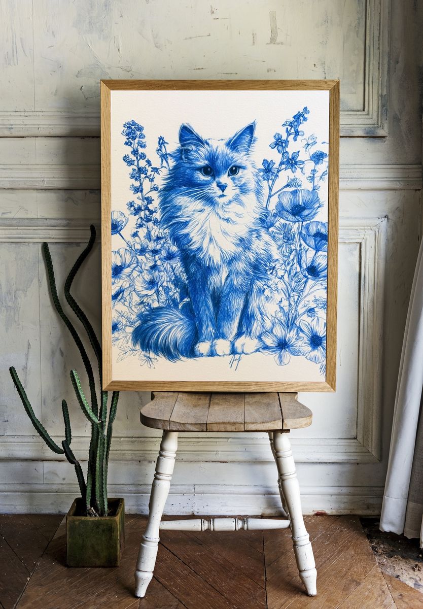 Blue Cat Floral Illustration Poster. — room view 1