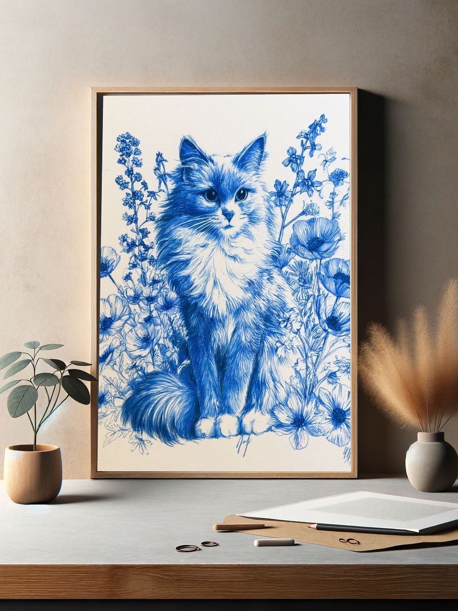 Blue Cat Floral Illustration Poster. — room view 2