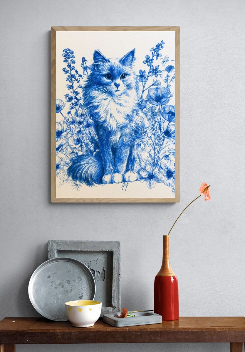 Blue Cat Floral Illustration Poster. — room view 3