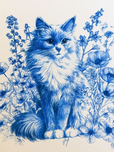 Blue Cat Floral Illustration Poster.