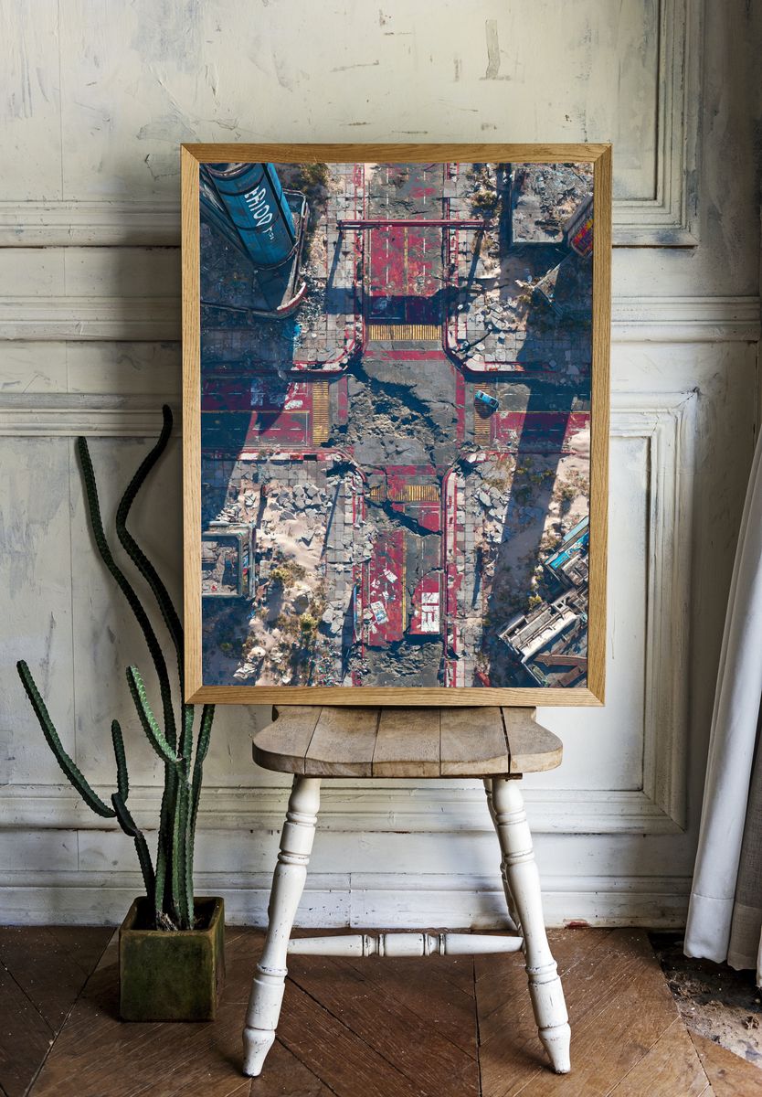 Ruined Futuristic Cityscape Illustration Poster. room preview