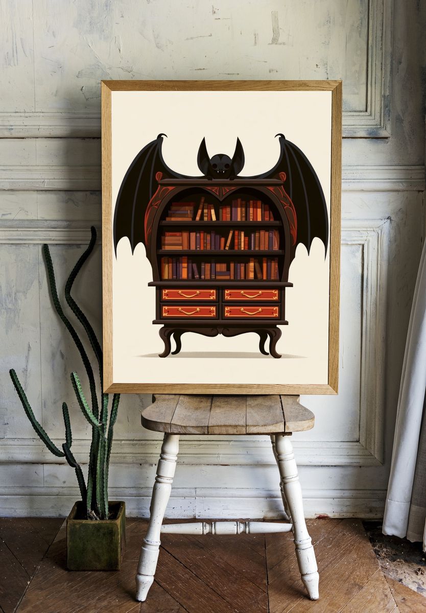 Bat Bookshelf Illustration Poster. room preview
