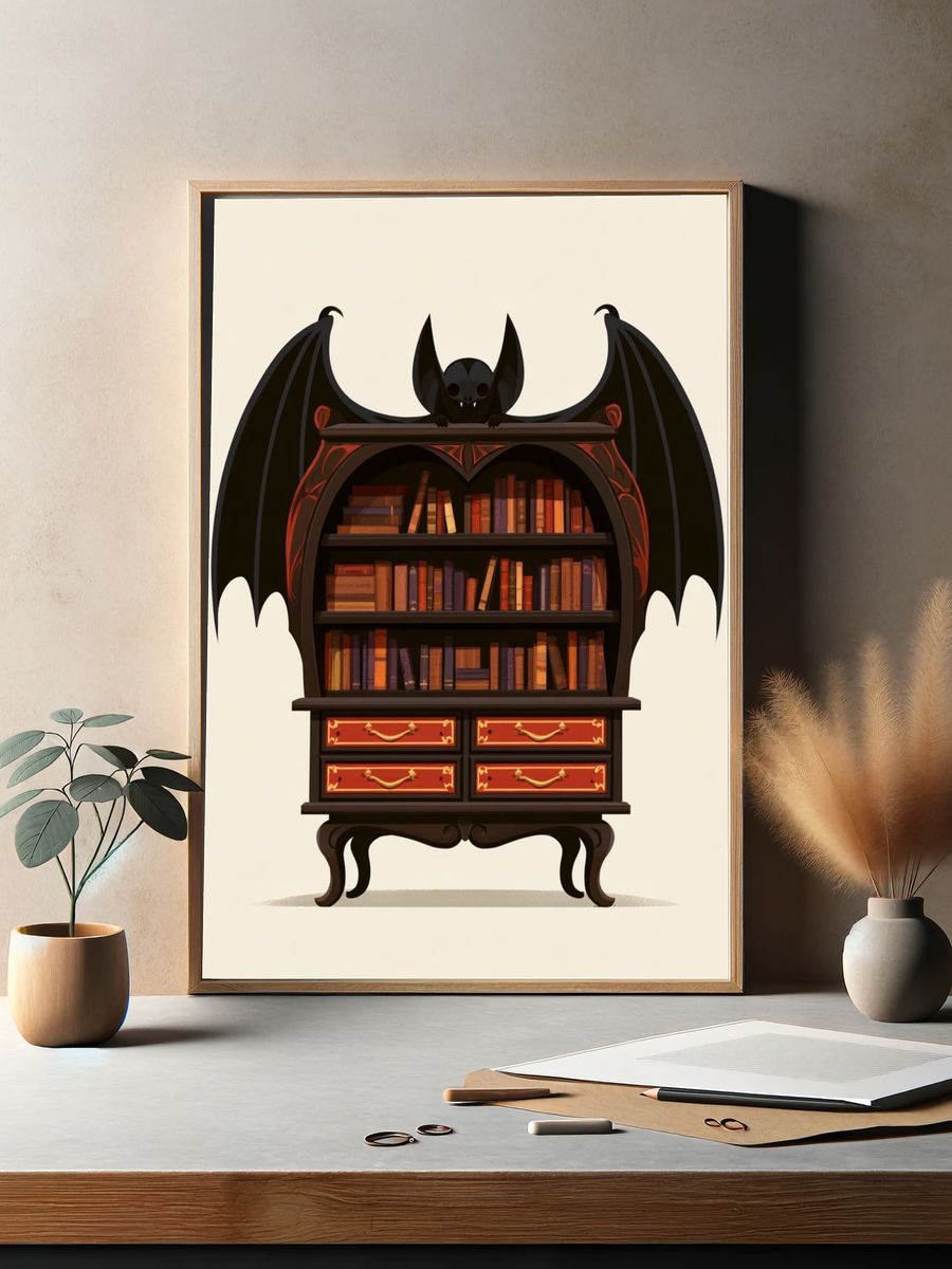 Bat Bookshelf Illustration Poster. — room view 2