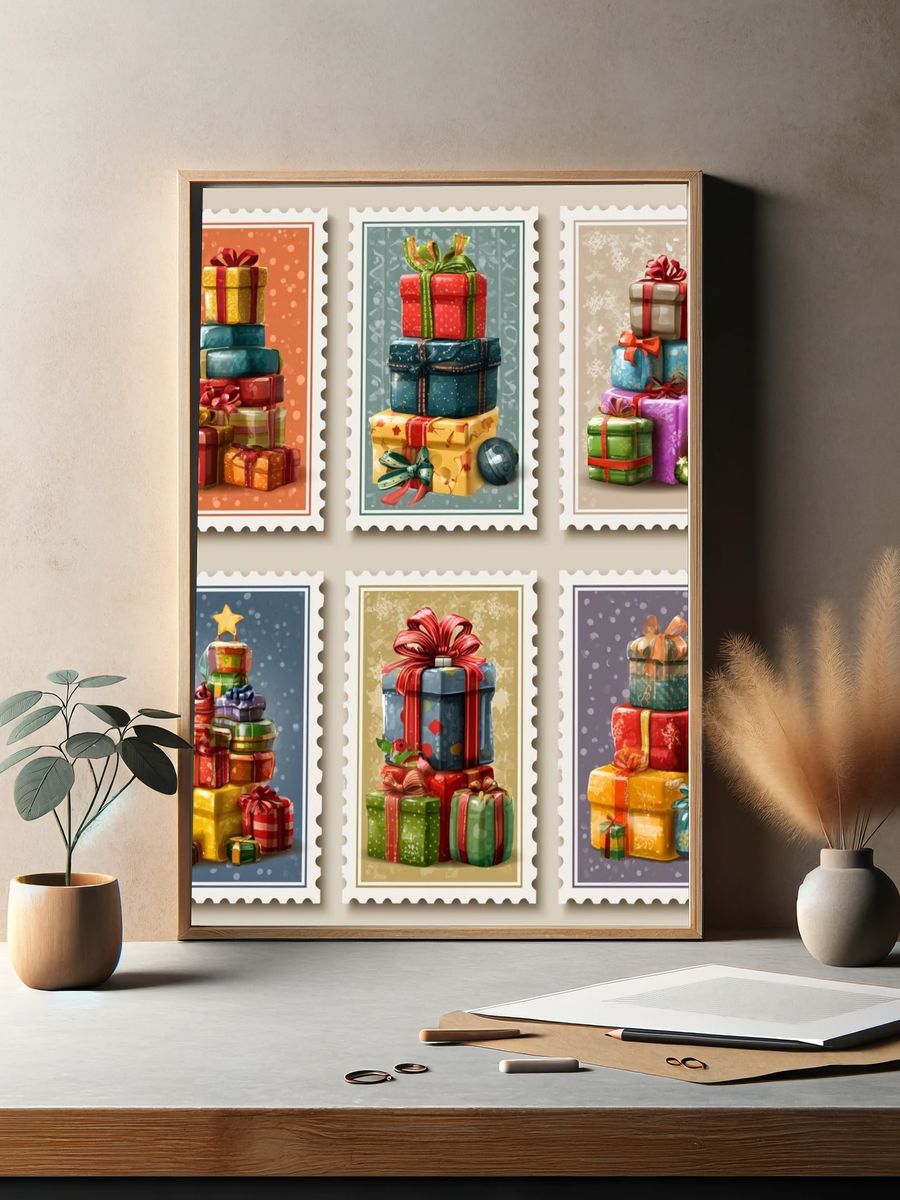 Festive Gift Stacks Illustration Poster. — room view 2