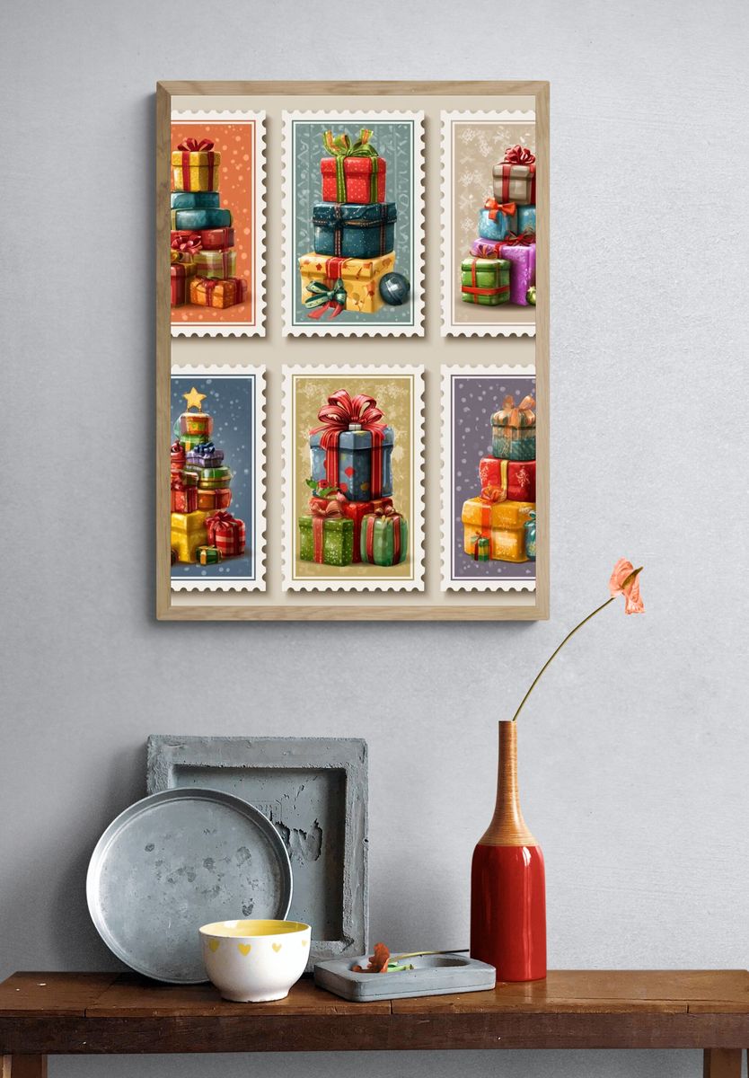 Festive Gift Stacks Illustration Poster. — room view 3