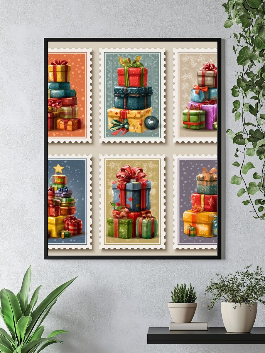 Festive Gift Stacks Illustration Poster. — room view 4