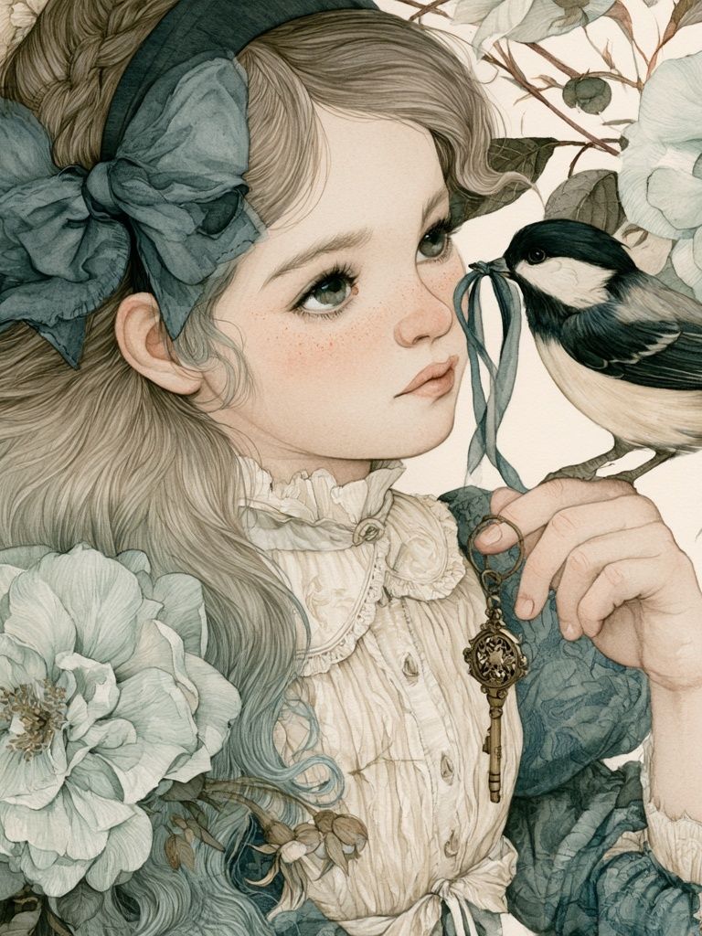 Floral Girl and Bird Illustration Poster. poster detail