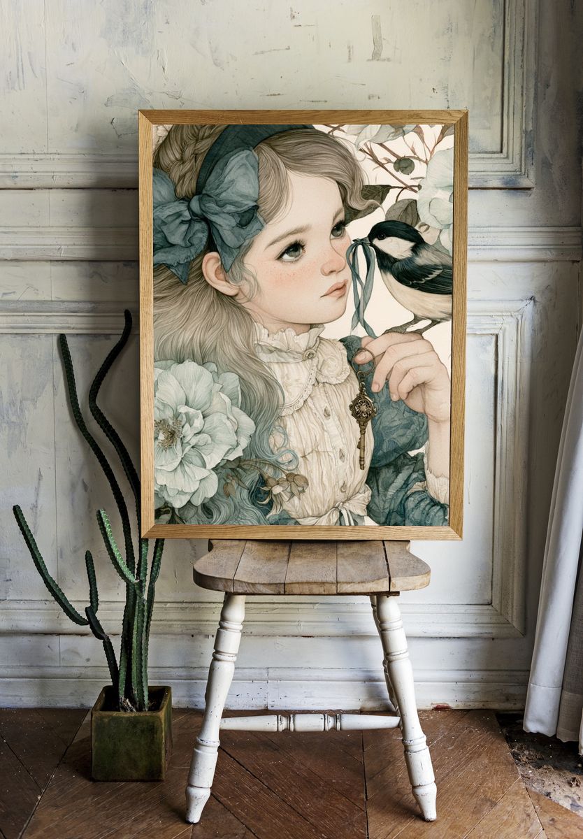 Floral Girl and Bird Illustration Poster. — room view 1