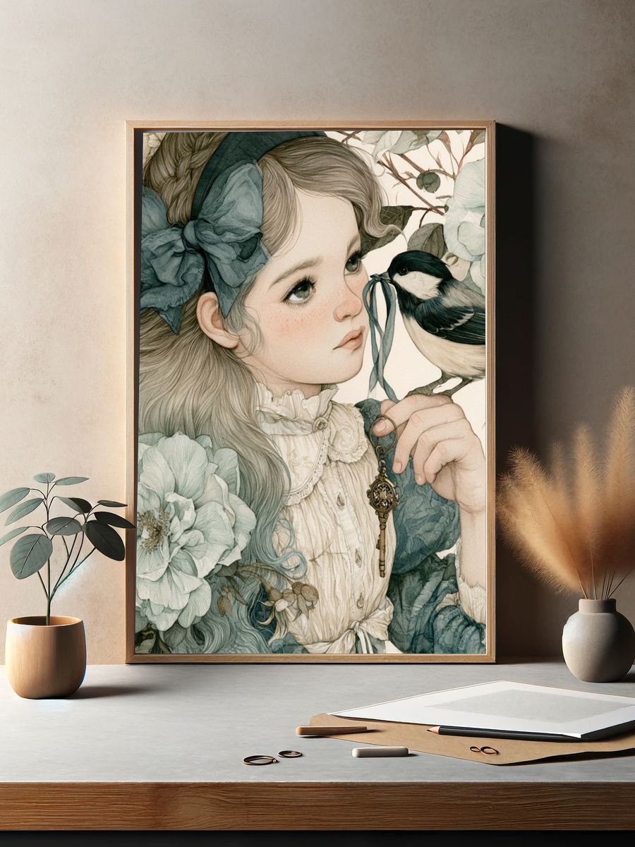 Floral Girl and Bird Illustration Poster. — room view 2