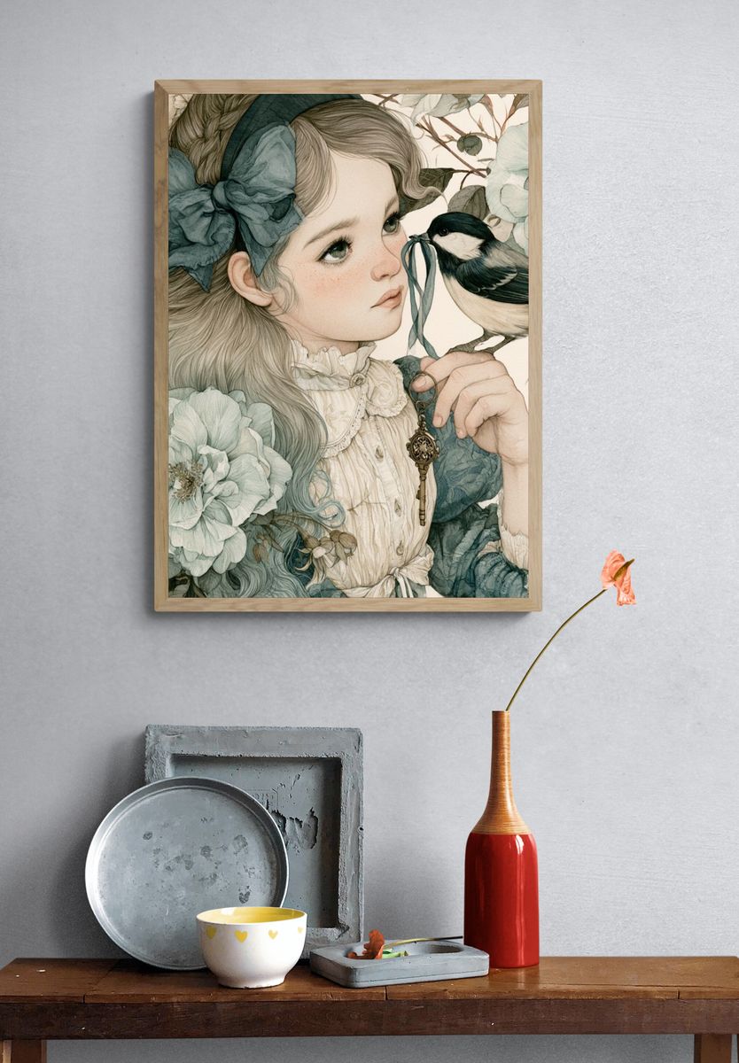 Floral Girl and Bird Illustration Poster. — room view 3