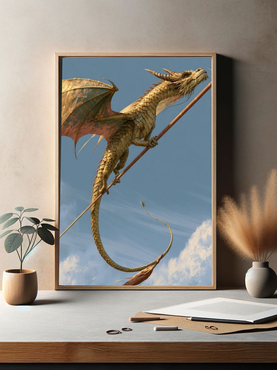 Golden Dragon Skyward Illustration Poster. — room view 2