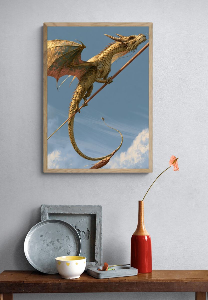Golden Dragon Skyward Illustration Poster. — room view 3
