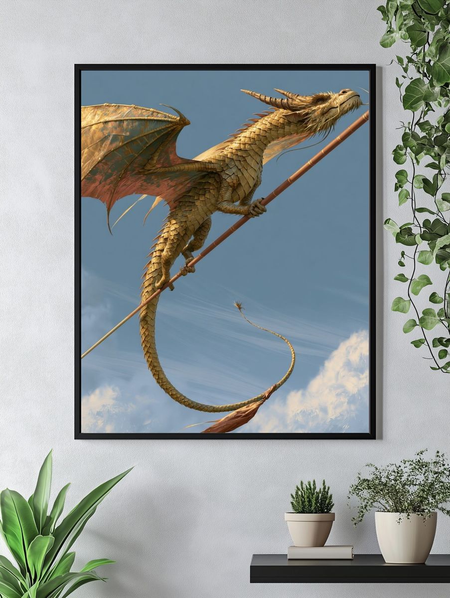 Golden Dragon Skyward Illustration Poster. — room view 4