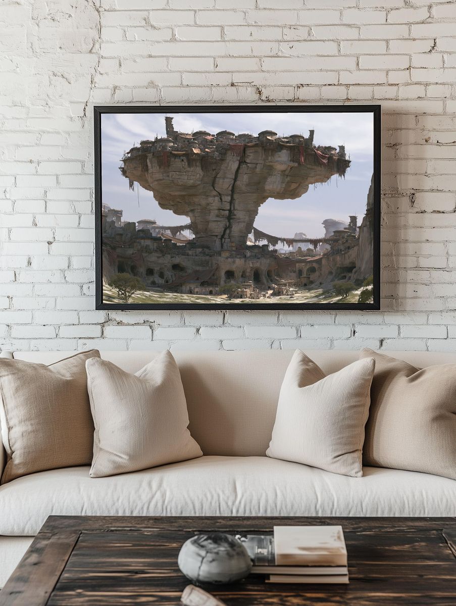 Floating Cliff City Sci-Fi Print. room preview