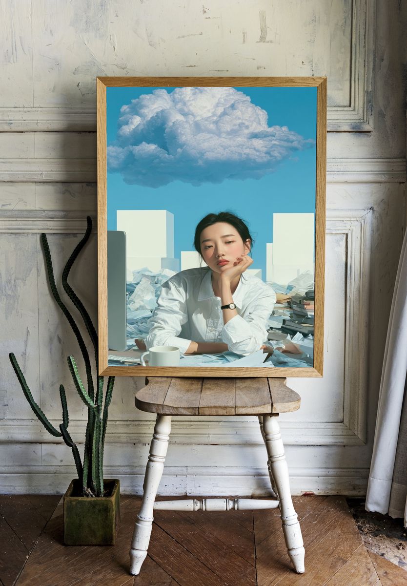 Dreamy Office Cloud Illustration Poster. — room view 1