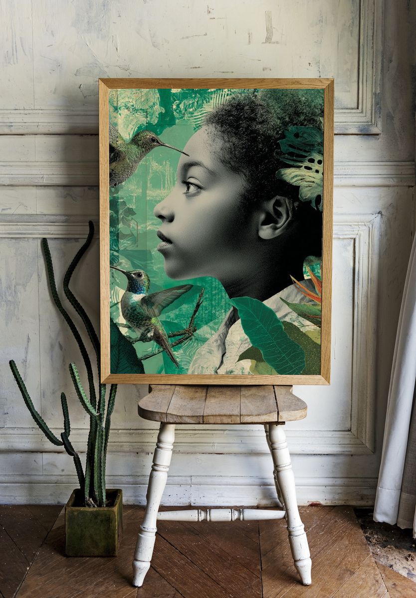 Hummingbird Jungle Portrait Print. room preview
