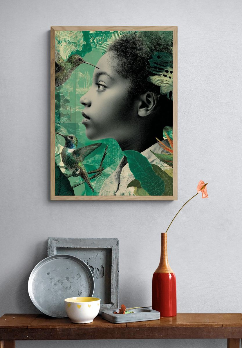 Hummingbird Jungle Portrait Print. — room view 3