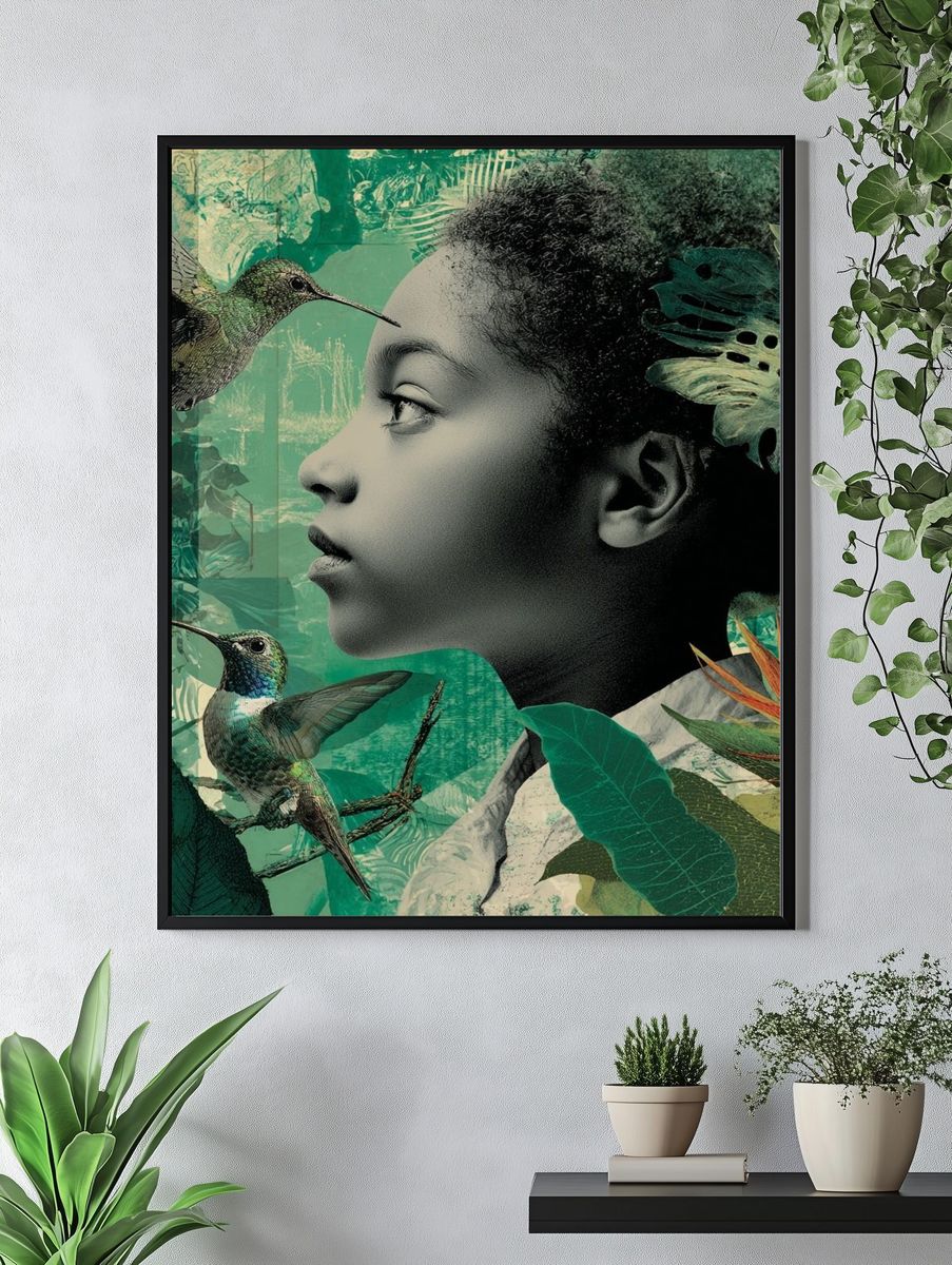 Hummingbird Jungle Portrait Print. — room view 4