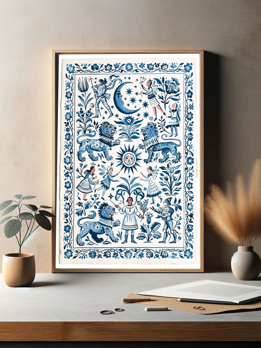 Folk Tale Blue Illustration Poster. — room view 2