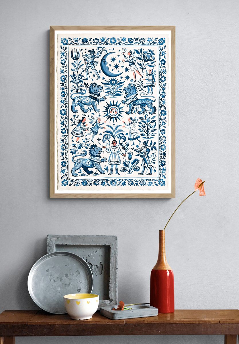 Folk Tale Blue Illustration Poster. — room view 3