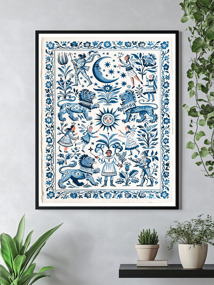 Folk Tale Blue Illustration Poster. — room view 4