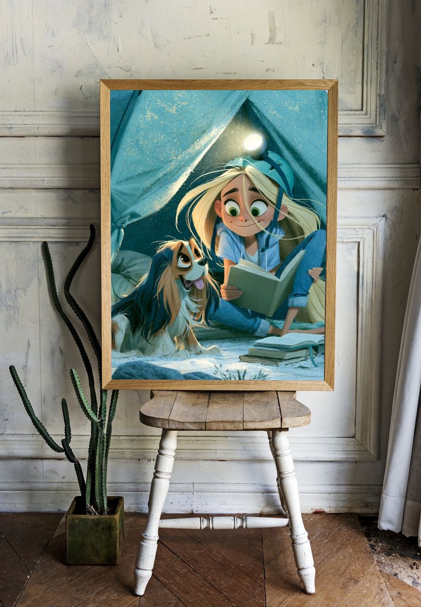 Girl and Dog Camping Illustration Poster. room preview