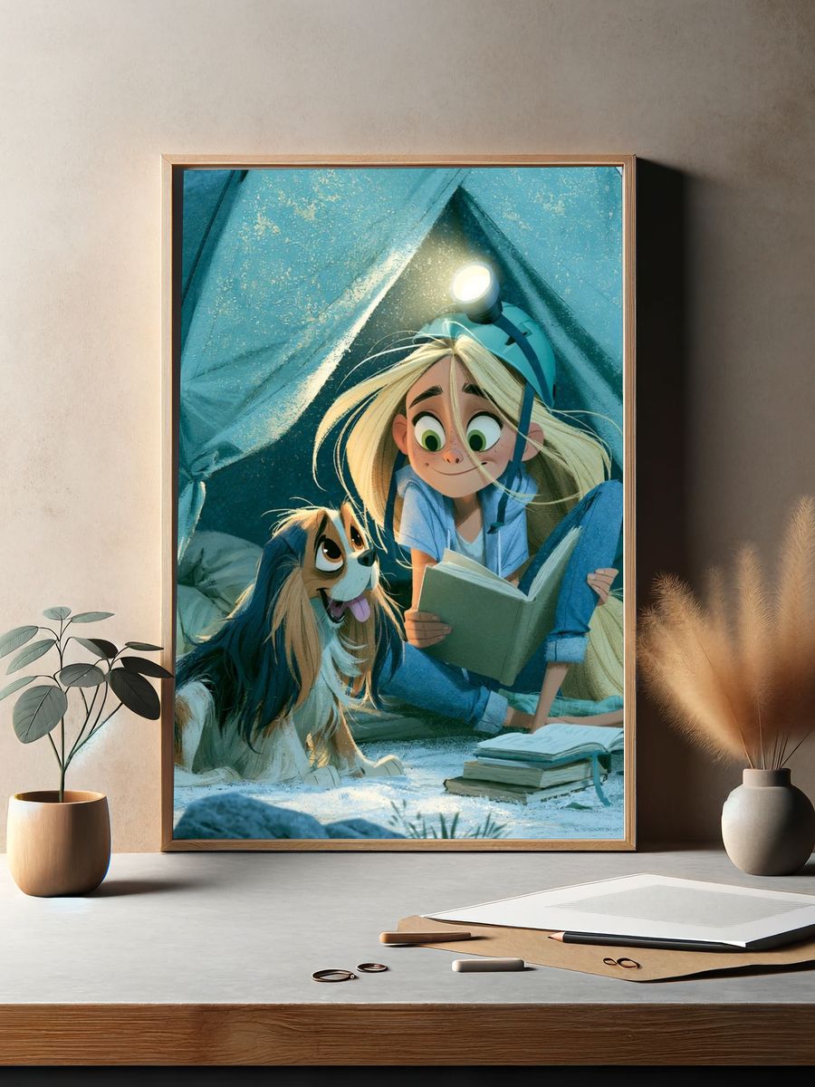 Girl and Dog Camping Illustration Poster. — room view 2