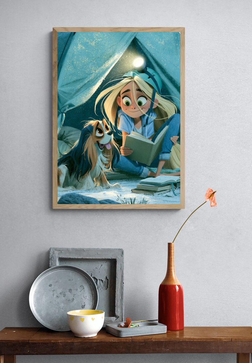 Girl and Dog Camping Illustration Poster. — room view 3
