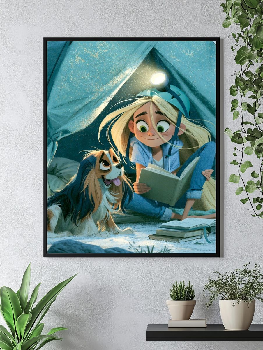Girl and Dog Camping Illustration Poster. — room view 4