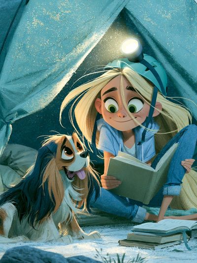 Girl and Dog Camping Illustration Poster.