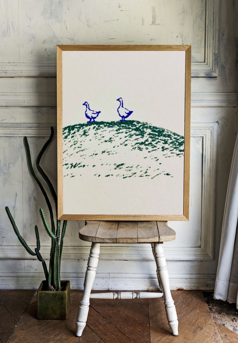 Two Geese on Hill Illustration Poster. room preview