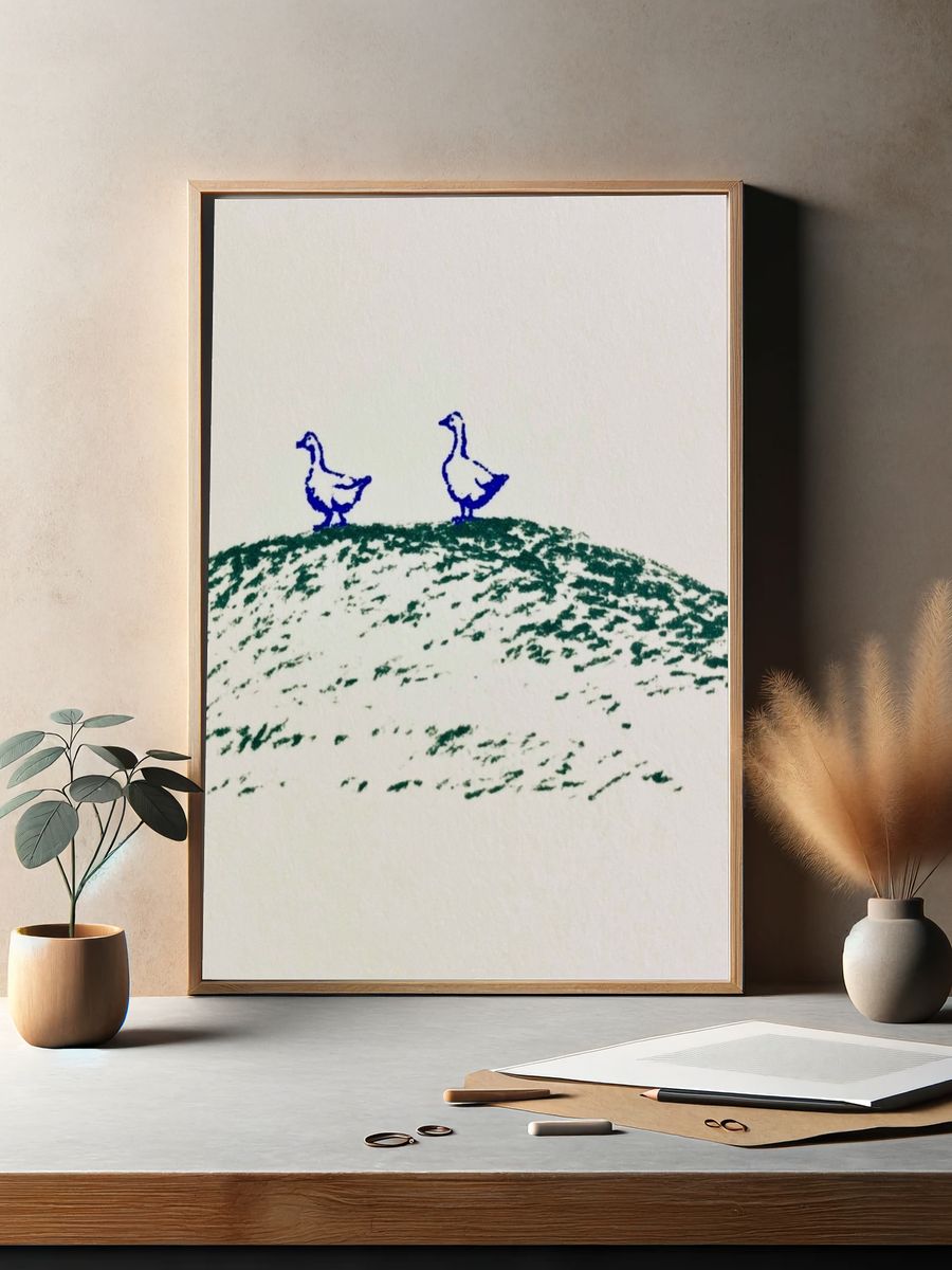 Two Geese on Hill Illustration Poster. — room view 2