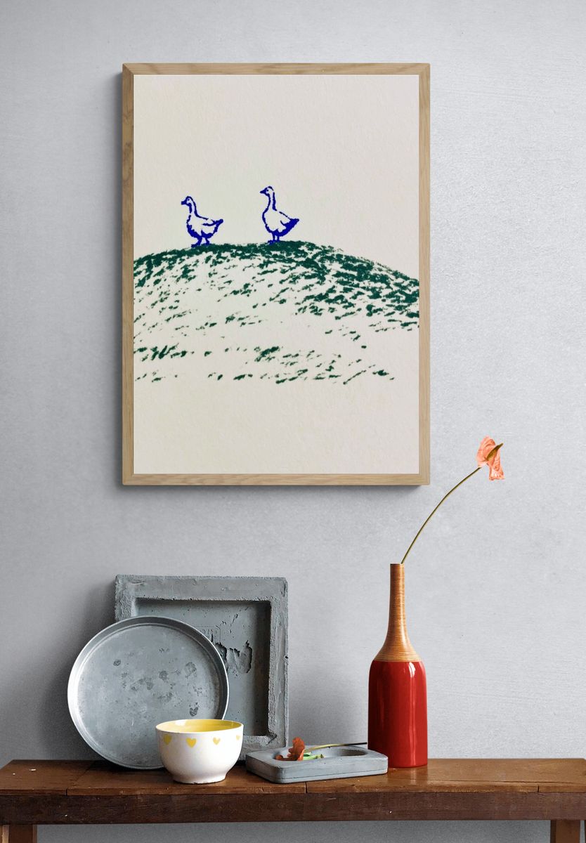 Two Geese on Hill Illustration Poster. — room view 3