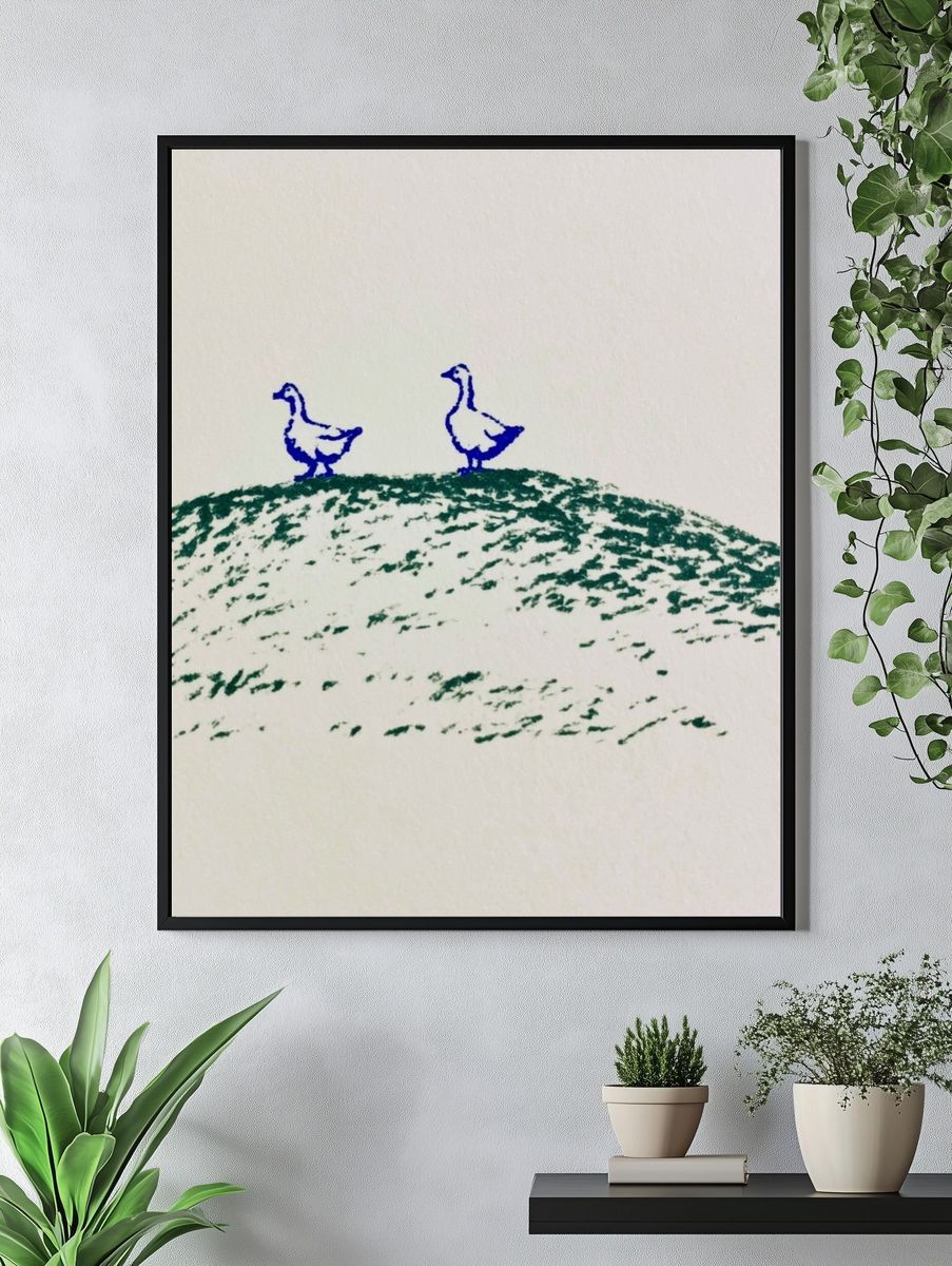 Two Geese on Hill Illustration Poster. — room view 4