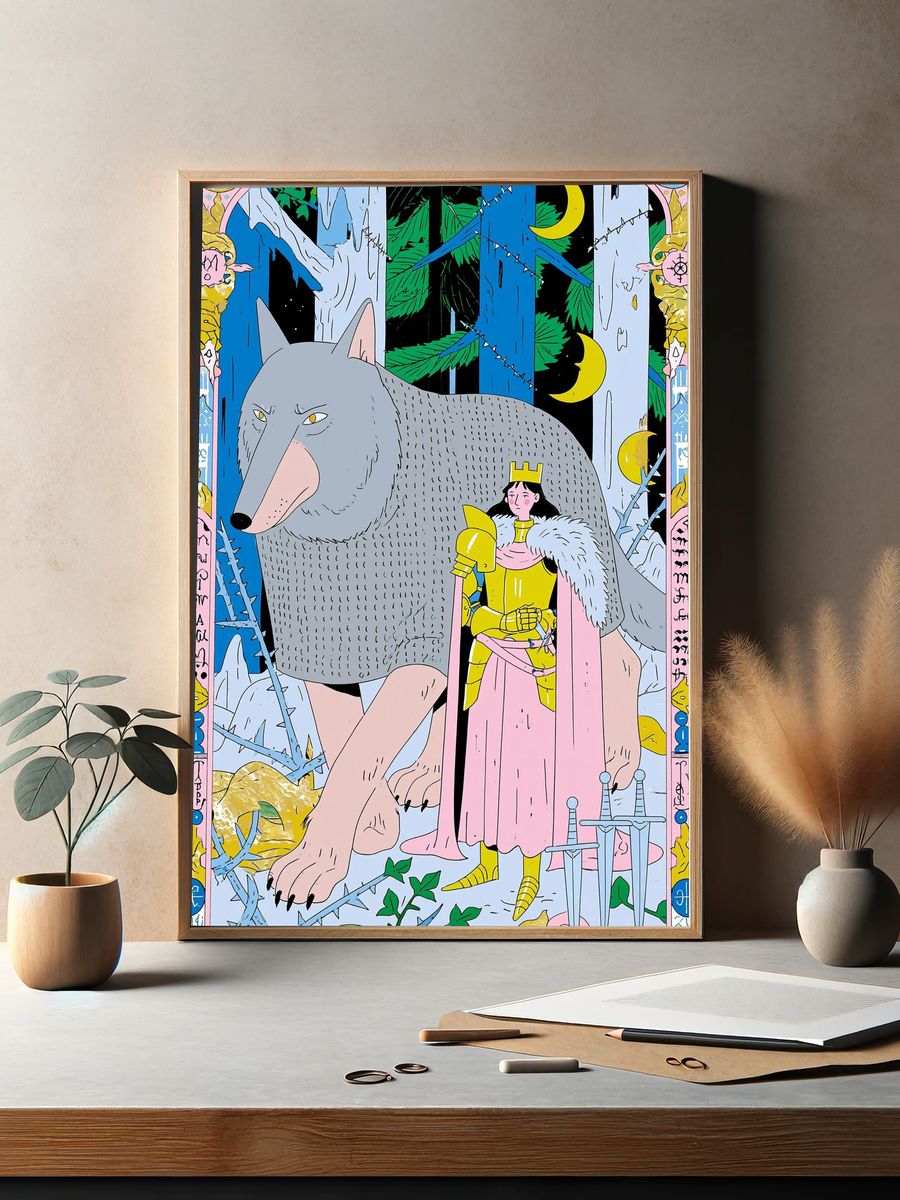 Wolf and Knight Fantasy Illustration Poster. — room view 2