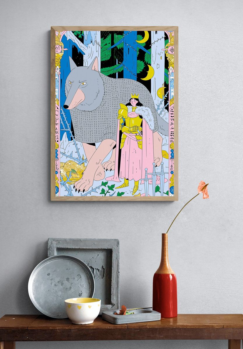 Wolf and Knight Fantasy Illustration Poster. — room view 3
