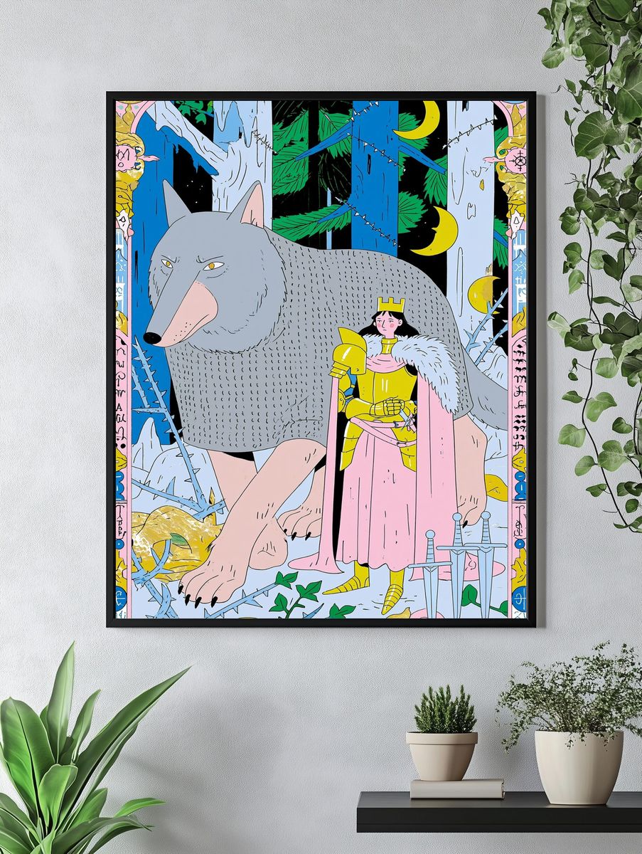 Wolf and Knight Fantasy Illustration Poster. — room view 4