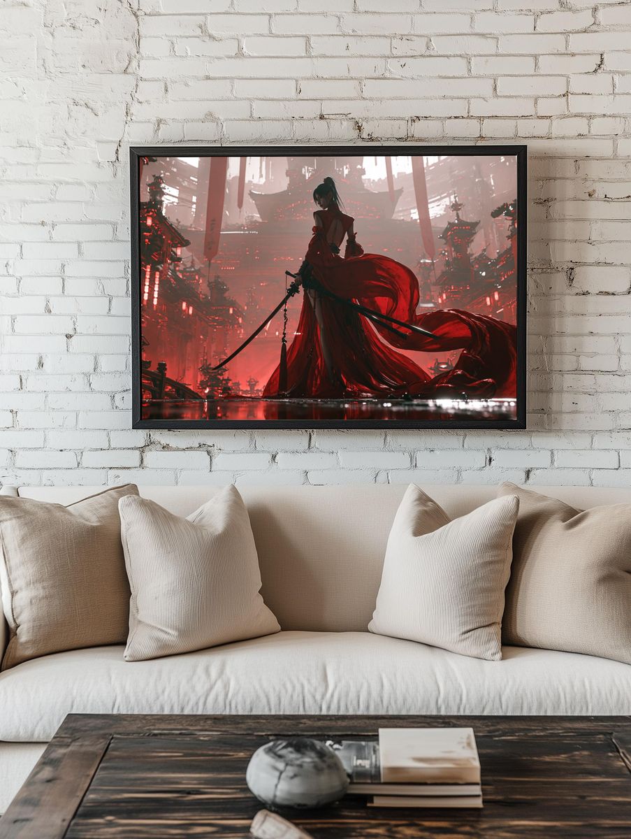 Crimson Samurai Cityscape Print. room preview