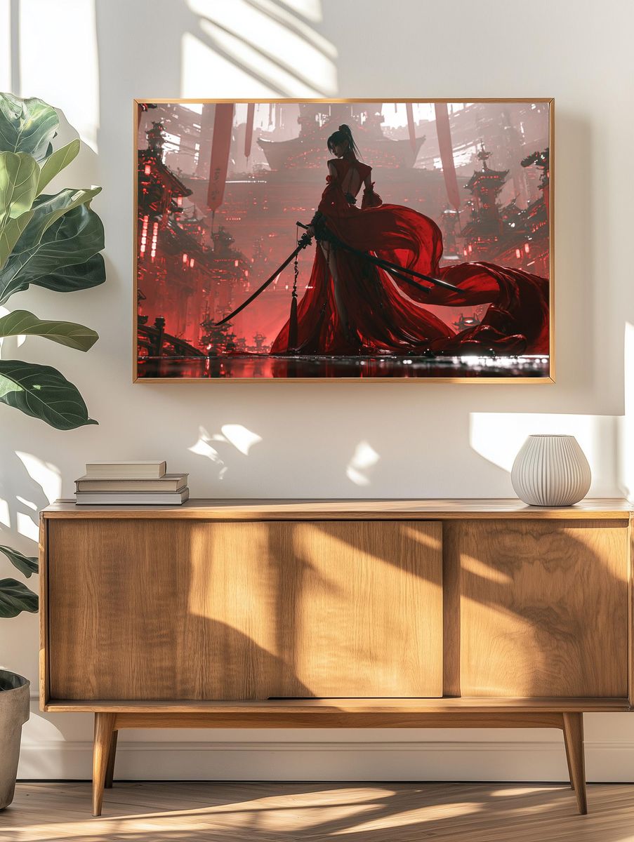 Crimson Samurai Cityscape Print. — room view 3