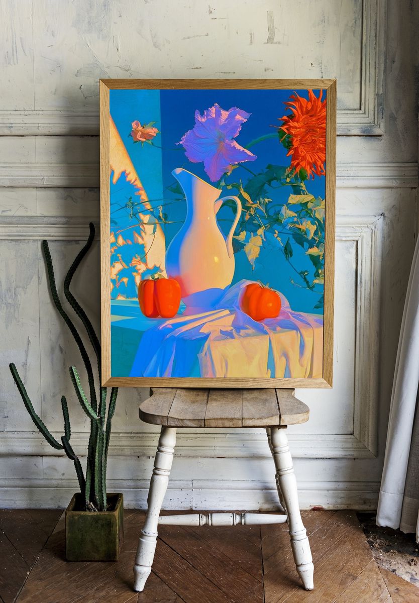 Blue Cat Surreal Illustration Poster. room preview