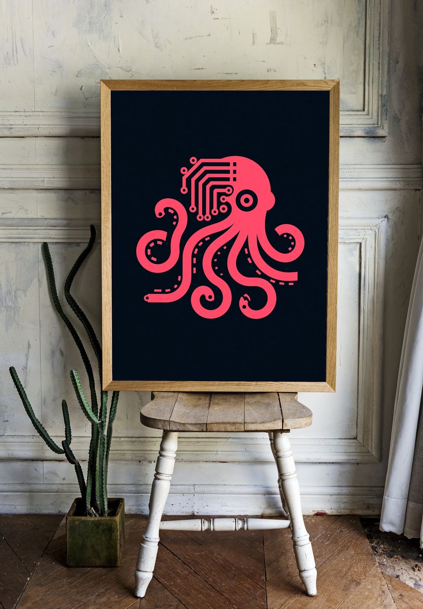 Neon Octopus Circuit Illustration Poster. — room view 1