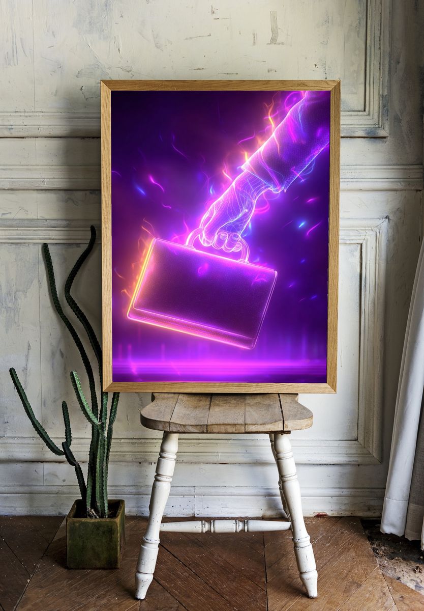 Neon Briefcase Hand Illustration Poster. room preview