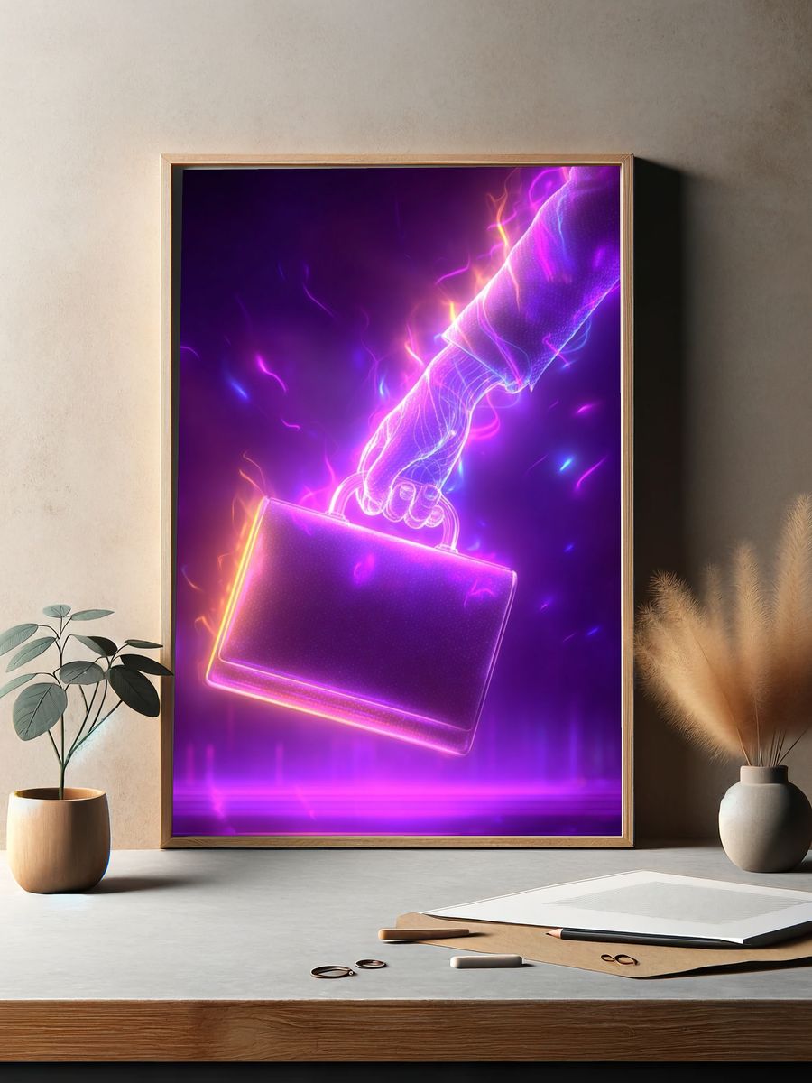 Neon Briefcase Hand Illustration Poster. — room view 2
